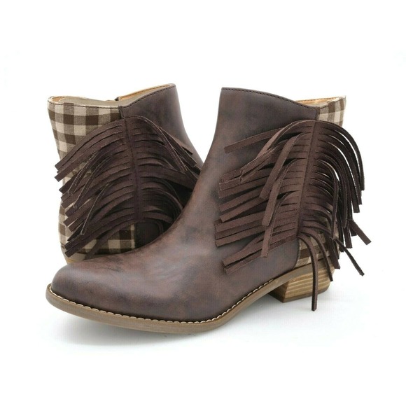 Code West Ankle Boots Womens 7 Brown Faux Leather Western Low Key Plaid Fringe - Picture 1 of 9
